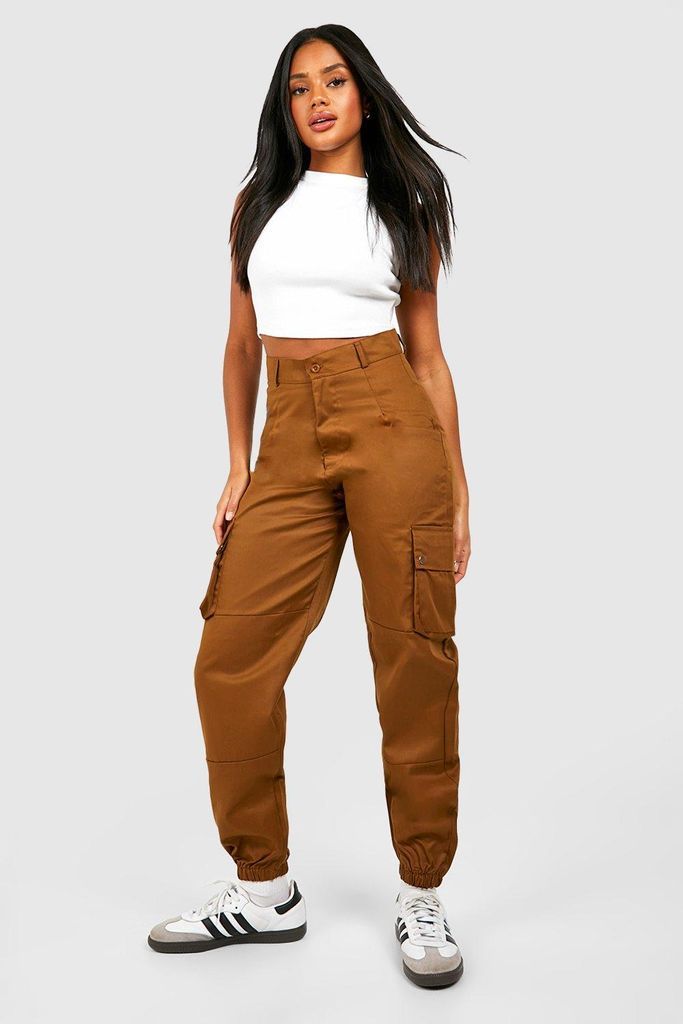 Womens High Waisted Casual Woven Cargo Trousers - Brown - 6, Brown