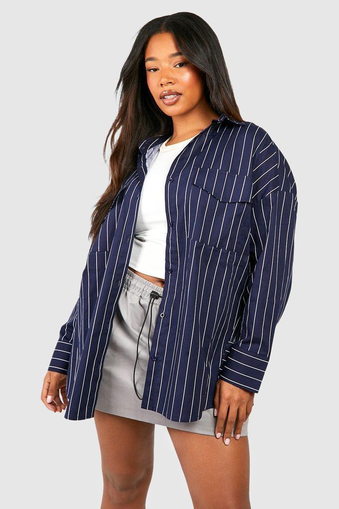 Womens Plus Oversized Striped Utility Shirt - Navy - 16, Navy