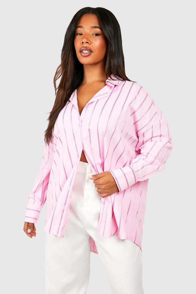Womens Plus Oversized Striped Drop Shoulder Shirt - Pink - 16, Pink