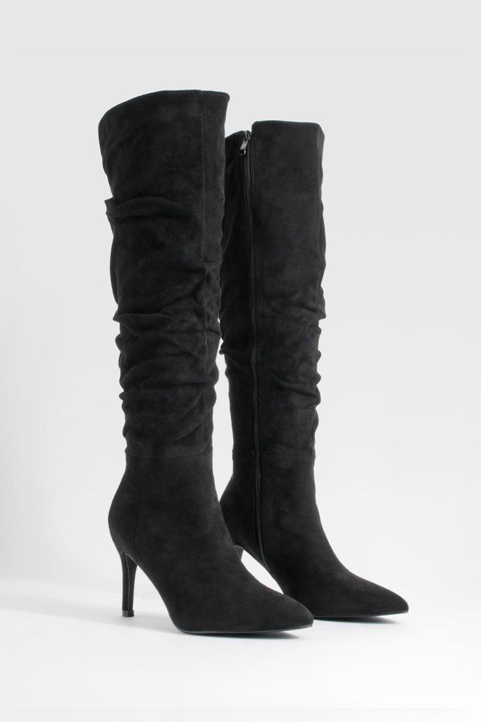 Womens Ruched Stiletto Knee High Boots - Black - 3, Black