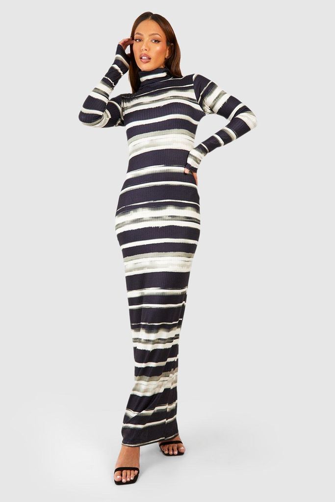Womens Tall Stripe Print Roll Neck Maxi Dress - Black - 8, Black