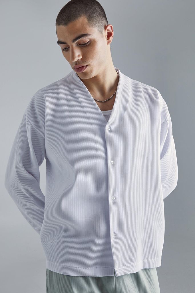Men's Pleated Boxy Long Sleeve Shirt - White - S, White