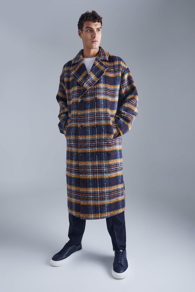 Men's Double Breasted Longline Brushed Check Overcoat - Multi - S, Multi