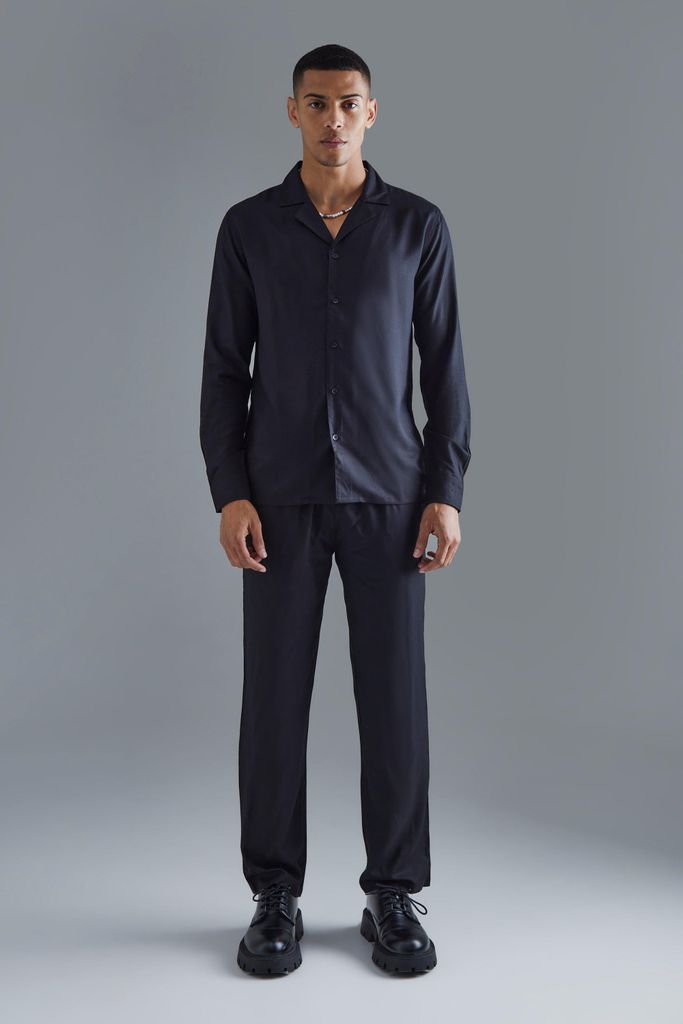 Men's Plain Viscose Long Sleeve Shirt And Trouser - Black - S, Black
