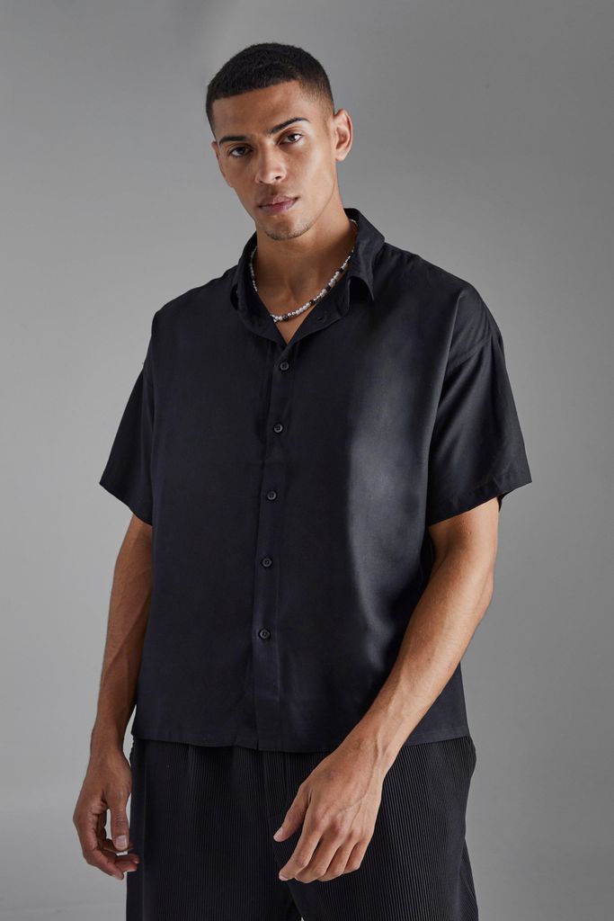 Men's Plain Viscose Boxy Shirt - Black - S, Black