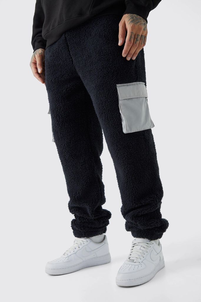 Men's Tall Borg Jogger With Nylon Cargo Pockets - Black - S, Black