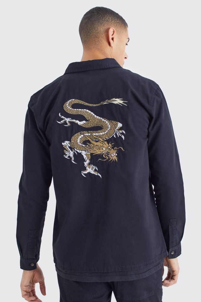 Men's Twill Longsleeve Dragon Embroidered Overshirt - Black - S, Black