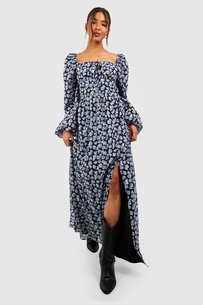 Womens Floral Puff Sleeve Rouched Bust Maxi Milkmaid Dress - Black - 8, Black