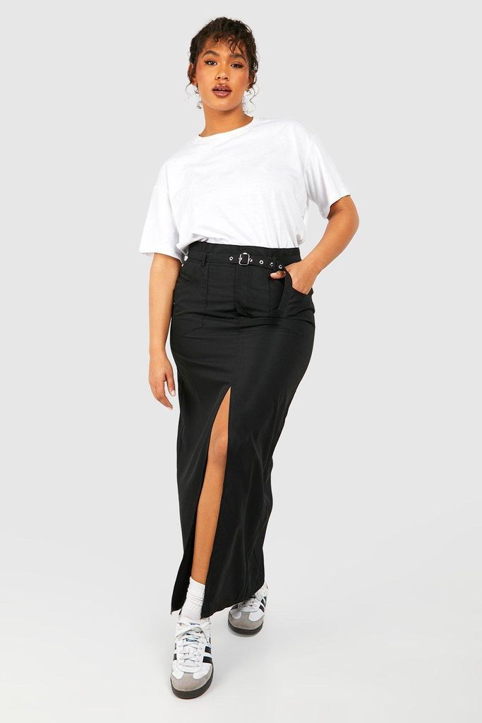 Womens Plus Woven Eyelet Belted Maxi Skirt - Black - 16, Black