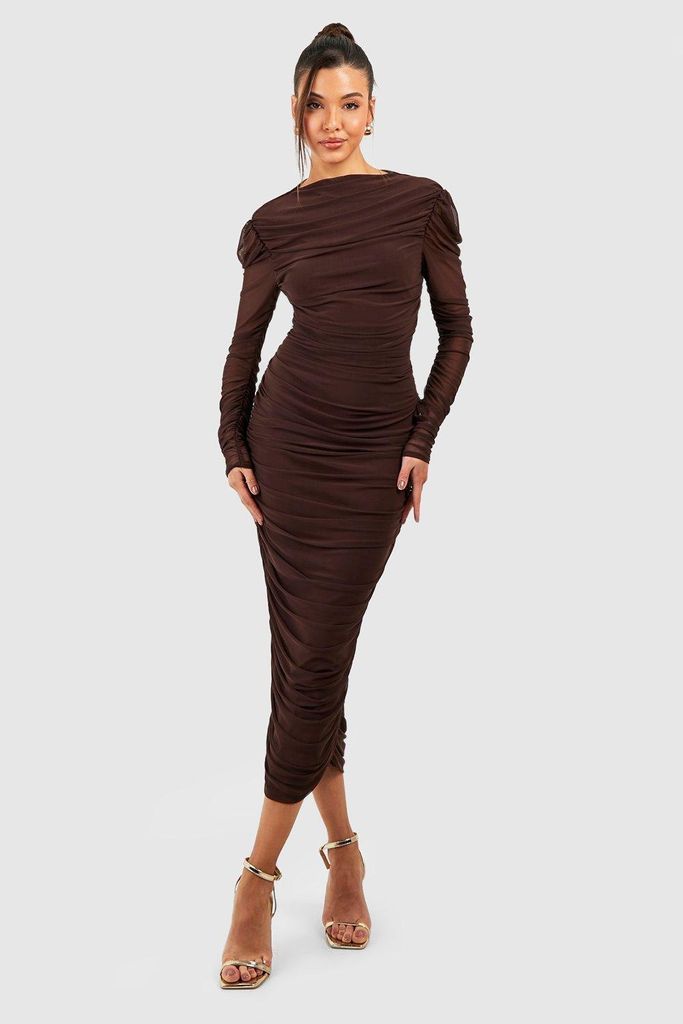 Womens Rouched Mesh High Neck Midaxi Dress - Brown - 8, Brown