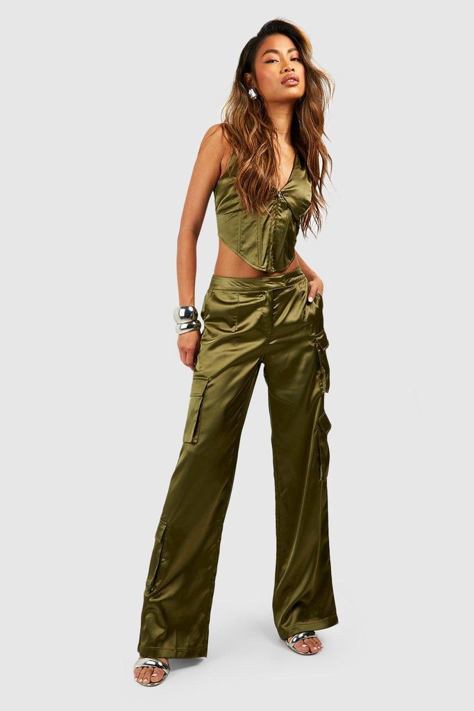 Womens Satin Mid Rise Pocket Cargo Trousers - Green - 6, Green