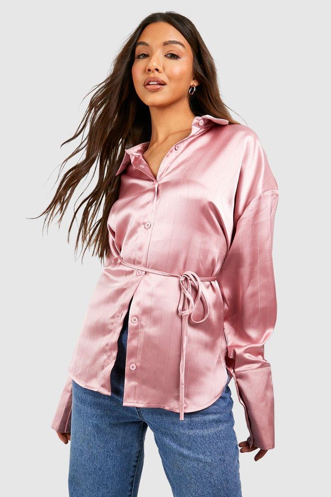 Womens Satin Metallic Stripe Deep Cuff Shirt - Pink - 6, Pink