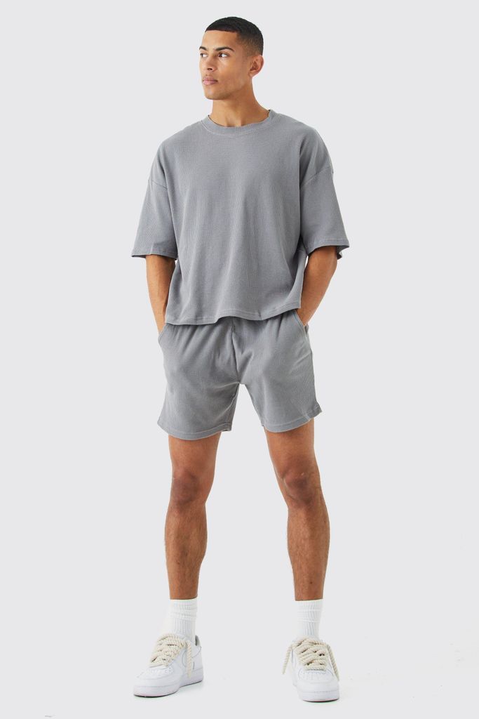 Men's Oversized Boxy Waffle T-Shirt & Short Set - Grey - S, Grey