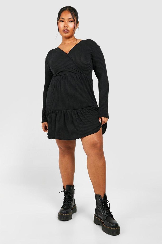Womens Plus Ribbed Tiered Wrap Dress - Black - 28, Black