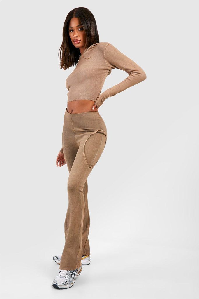 Womens Premium Washed Rib Seam Detail Flared Legging - Brown - 8, Brown