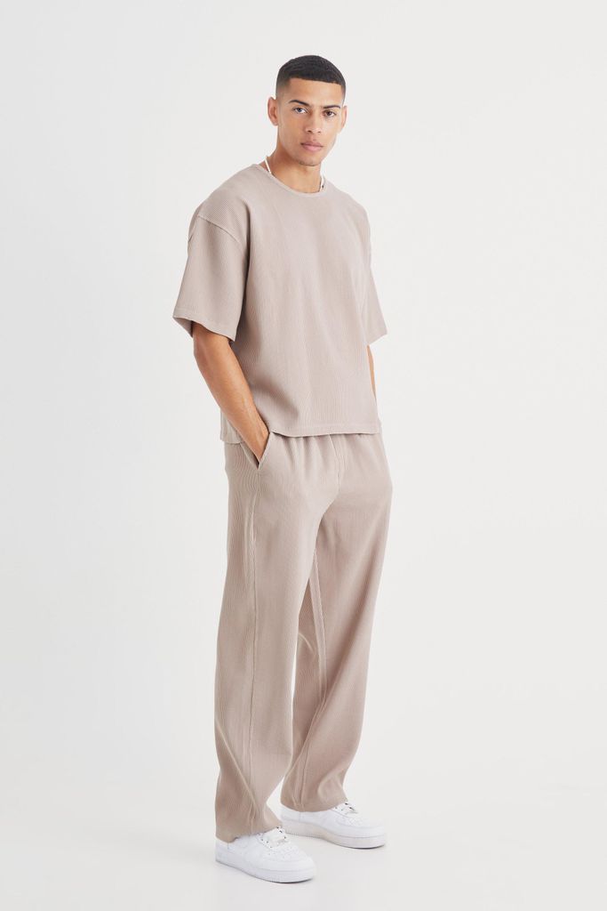 Men's Pleated Oversized Boxy T-Shirt & Trouser - Brown - S, Brown