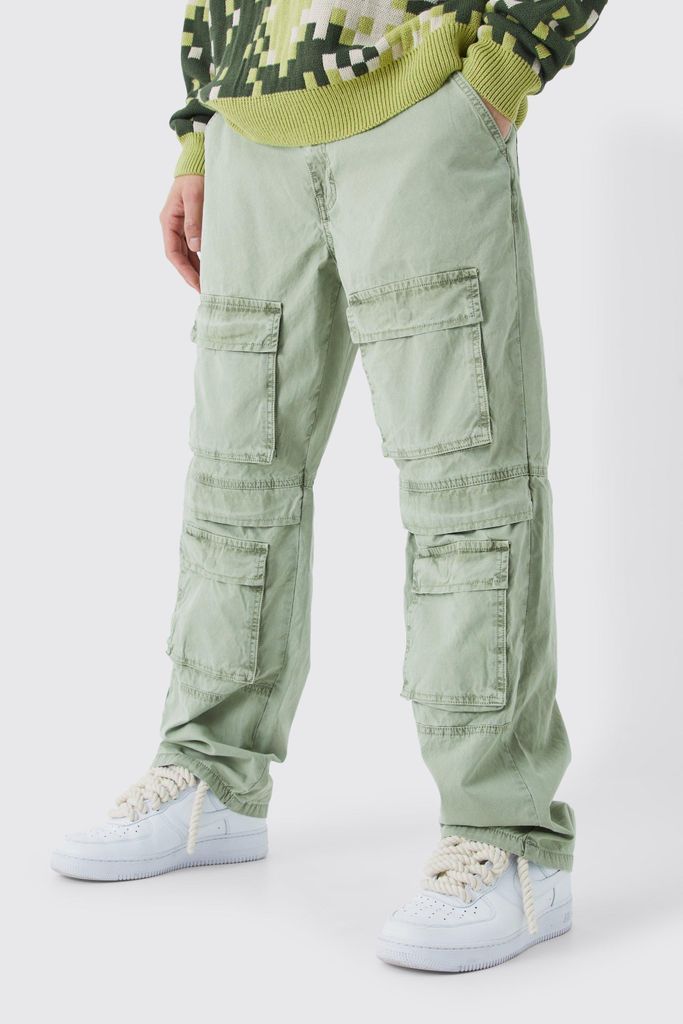 Men's Relaxed Overdye Acid Wash Multi Cargo Trouser - Green - 28, Green