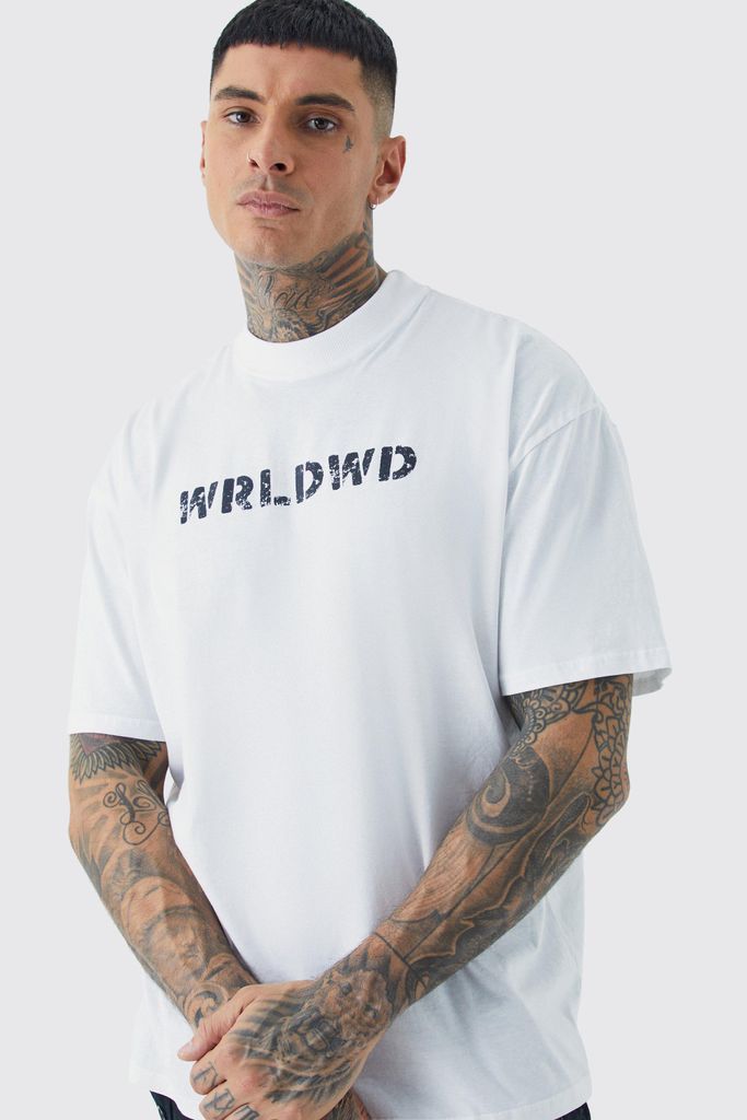 Men's Tall Oversized Wrldwd Chest Print T-Shirt - White - S, White