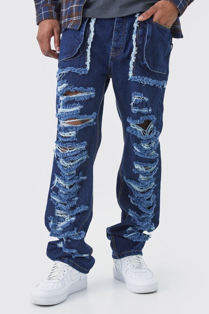 Men's Tall Relaxed Rigid Distressed Ripped Cargo Pocket Jean - Blue - 30, Blue