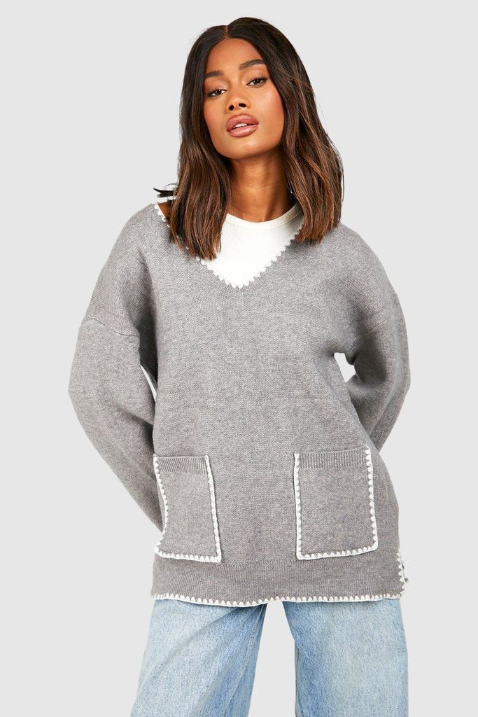 Womens Contrast Stitch Jumper - Grey - One Size, Grey