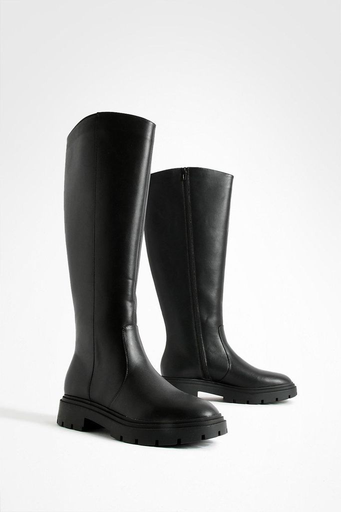 Womens Minimal Chunky Sole Knee High Boots - Black - 3, Black