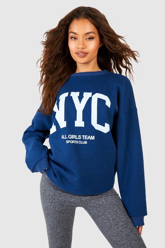 Womens Nyc Slogan Half Zip Oversized Sweatshirt - Navy - S, Navy