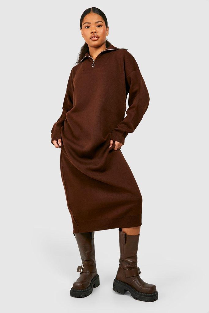 Womens Petite Half Zip Jumper Midi Dress - Brown - S/M, Brown