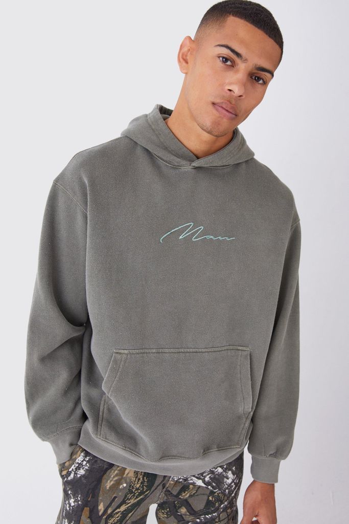 Men's Oversized Washed Embroidered Hoodie - Green - S, Green