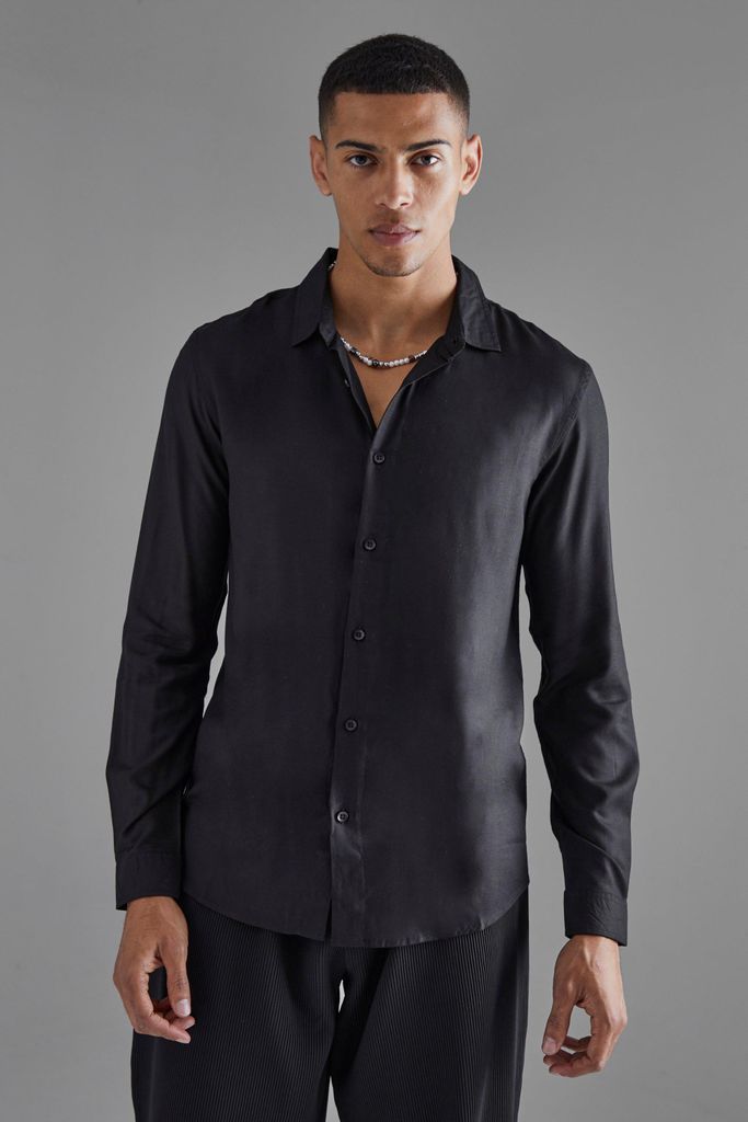 Men's Plain Viscose Long Sleeve Shirt - Black - S, Black