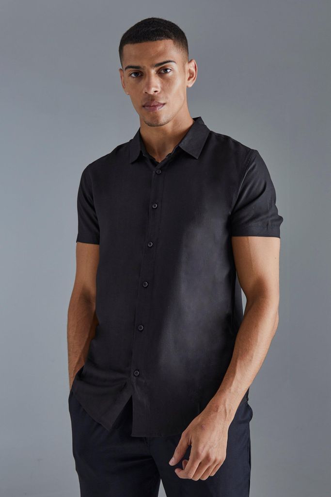 Men's Plain Viscose Short Sleeve Shirt - Black - S, Black