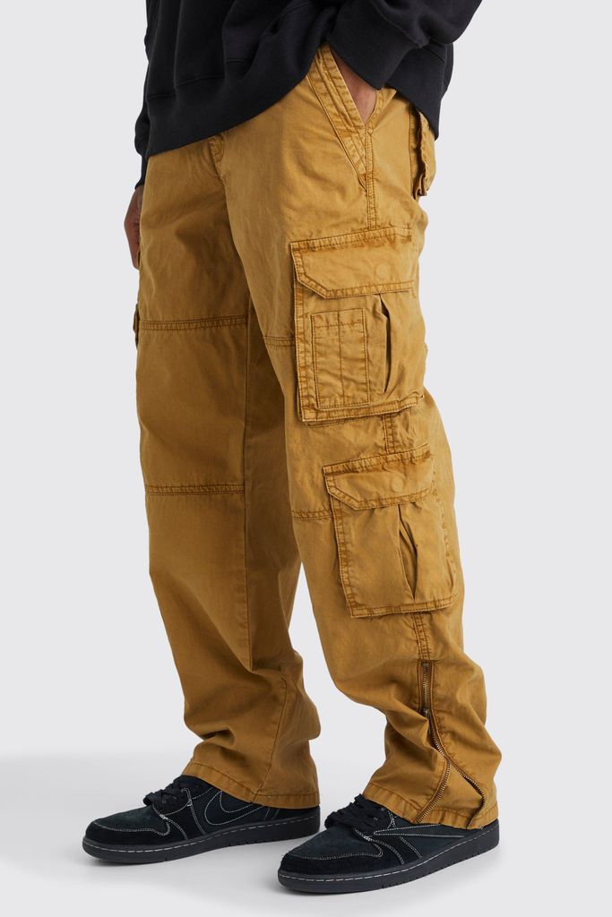 Men's Relaxed Zip Hem Gusset Overdye Acid Wash Cargo Trouser - Yellow - 28, Yellow