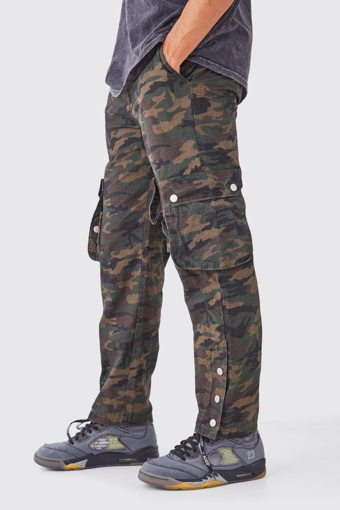 Men's Straight Leg 3D Multi Cargo Camo Trouser With Popper Hem - Green - 28, Green
