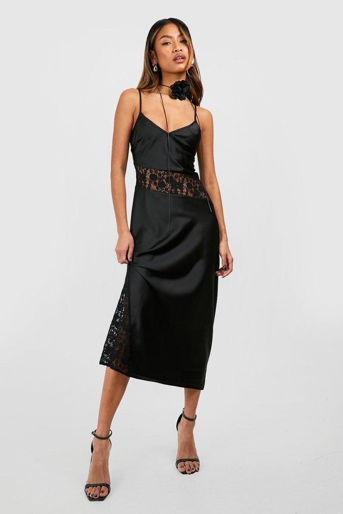 Womens Lace Insert Satin Slip Midaxi Dress - Black - 8, Black
