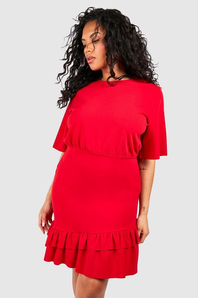 Womens Plus Angel Sleeve Ruffle Hem Shift Dress - Red - 16, Red