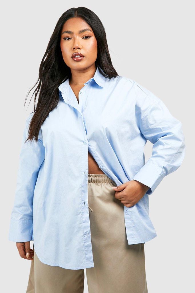 Womens Plus Oversized Cotton Poplin Shirt - Blue - 16, Blue
