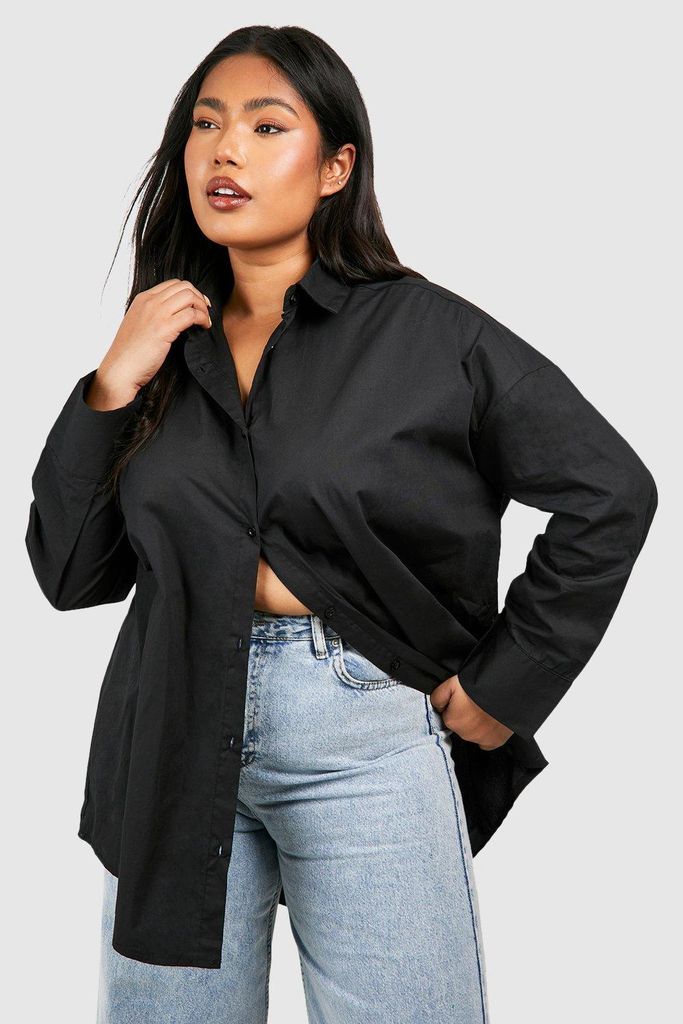 Womens Plus Oversized Cotton Poplin Shirt - Black - 16, Black