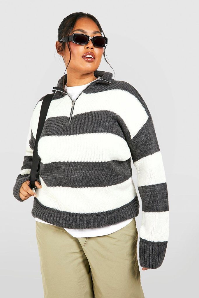 Womens Plus Stripe Half Zip Jumper - Grey - 16, Grey