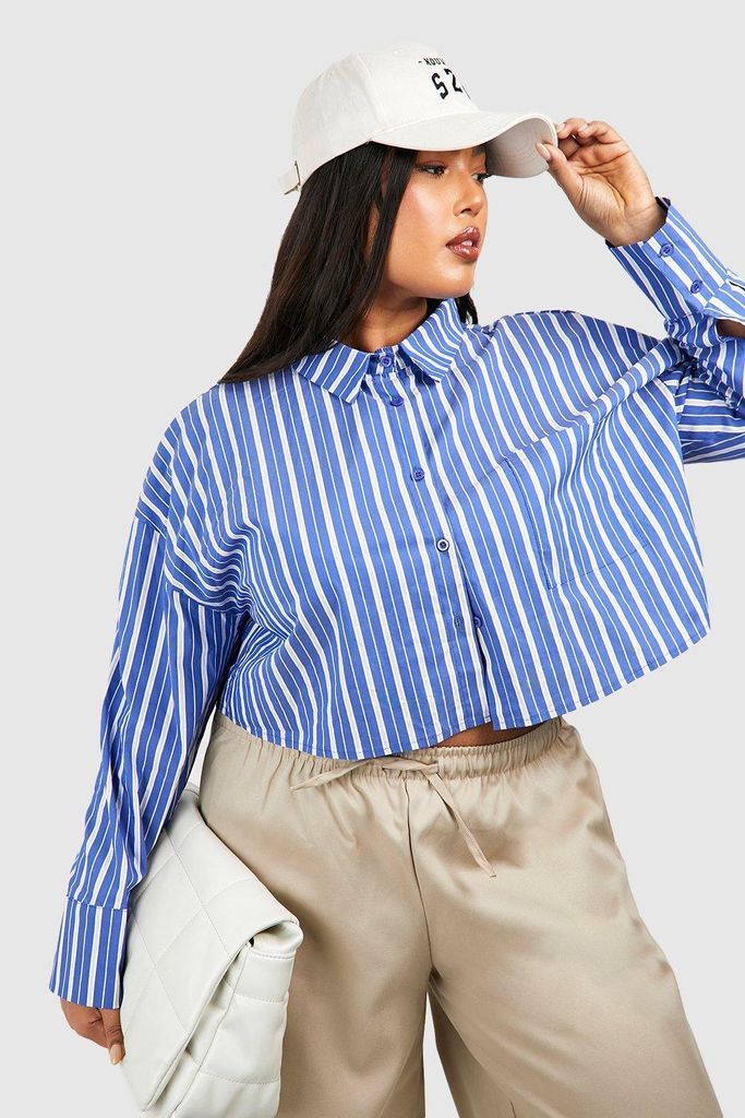 Womens Plus Striped Boxy Cropped Shirt - Navy - 16, Navy