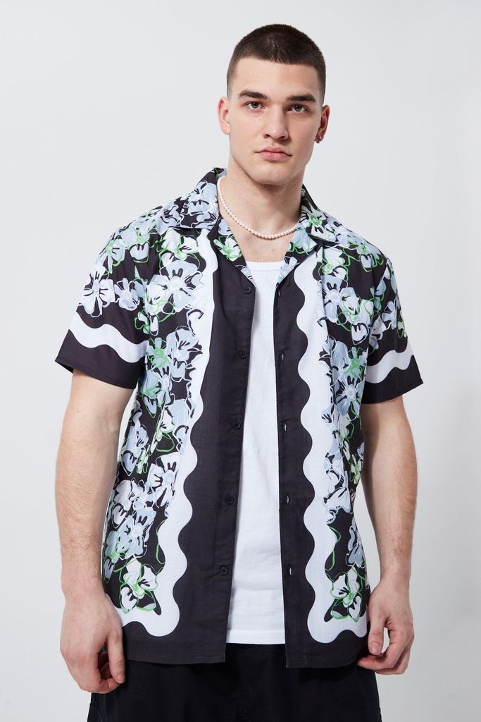 Men's Tall Regular Fit Floral Border Slub Shirt - Black - S, Black