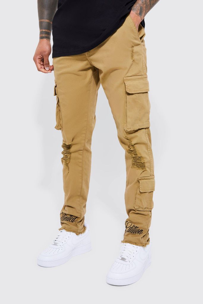 Men's Fixed Waist Skinny Rip And Embroidered Cargo Trousers - Brown - 28, Brown