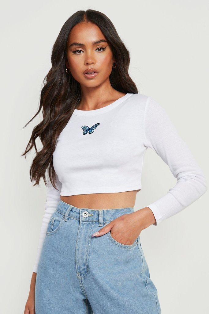 Womens Petite Butterfly Rib Long Sleeve Crop Top - White - 4, White