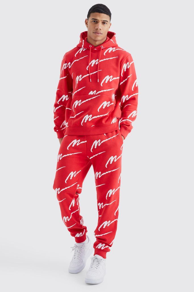 Men's Man Signature All Over Print Hoodie Tracksuit - Red - S, Red