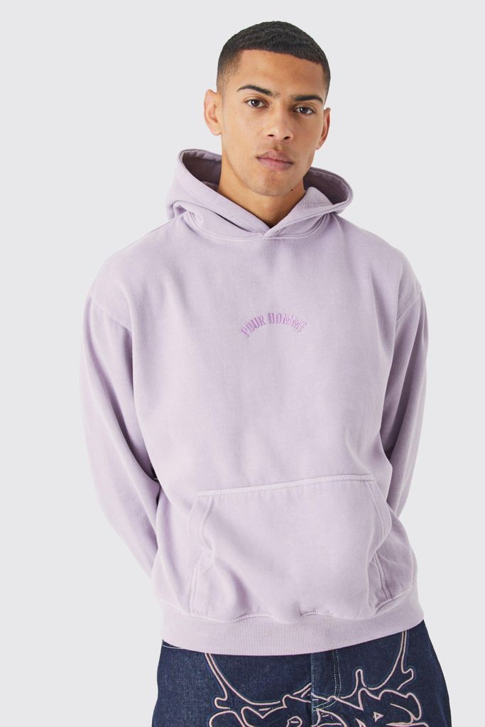 Men's Oversized Washed Embroidered Hoodie - Purple - S, Purple