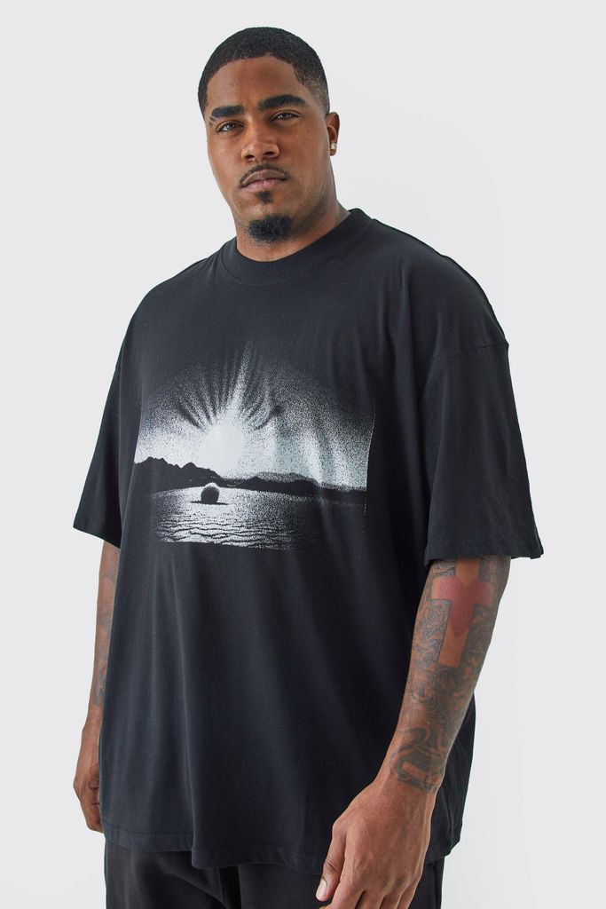 Men's Plus Oversized Landscape Back Print T-Shirt - Black - Xxxl, Black