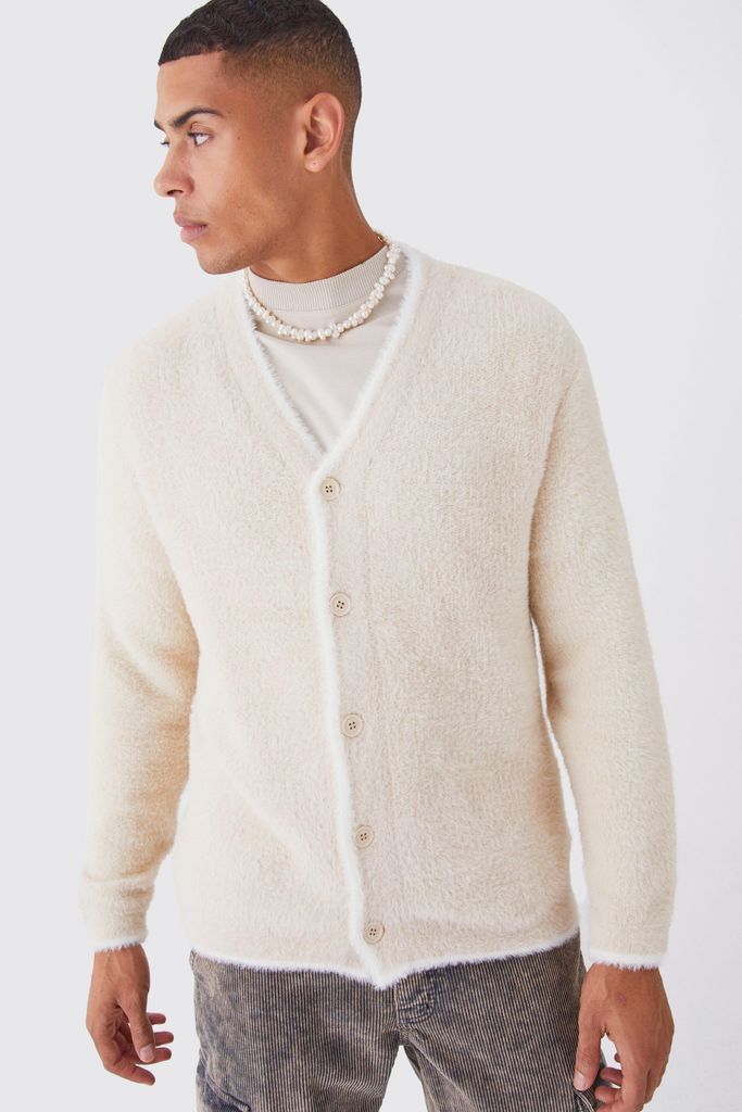 Men's Relaxed Fluffy Cardigan With Tipping - Beige - S, Beige