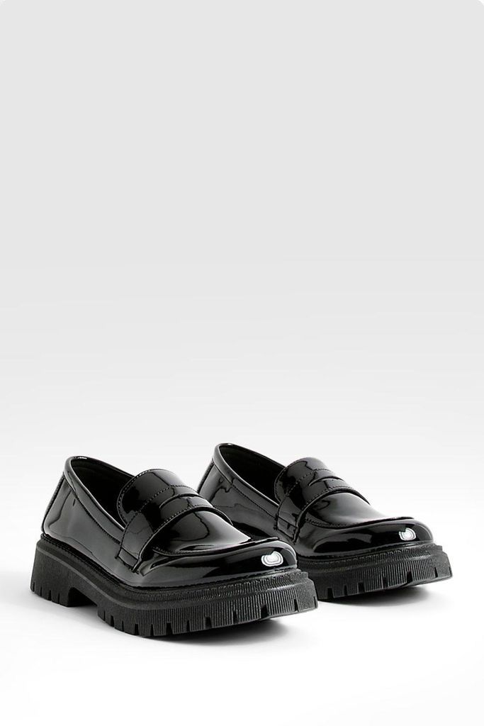 Womens Chunky Patent Loafers - Black - 3, Black