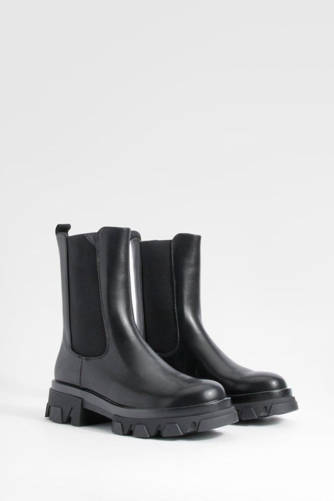 Womens Chunky Sole Calf High Chelsea Boots - Black - 3, Black