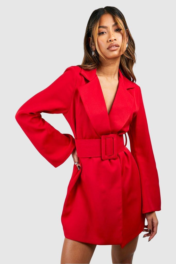 Womens Flared Sleeve Chunky Belt Blazer Dress - 6, Red