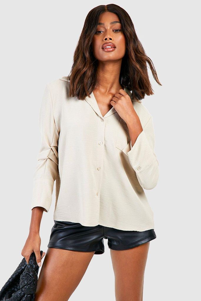 Womens Hammered Ruched Sleeve Pocket Detail Relaxed Fit Shirt - Beige - 6, Beige