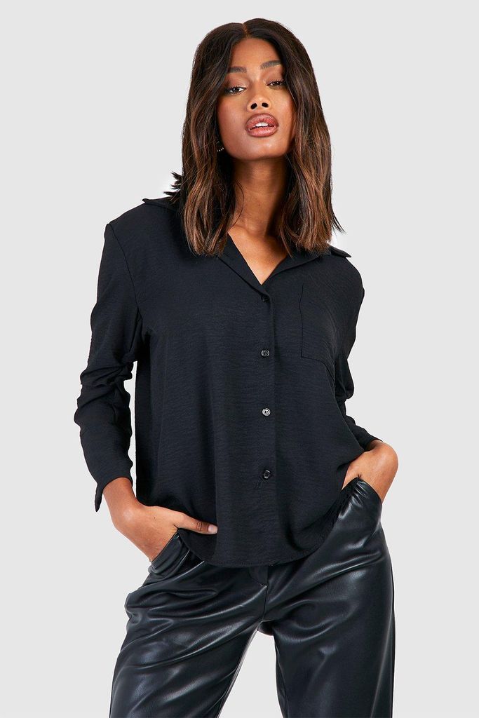 Womens Hammered Ruched Sleeve Pocket Detail Relaxed Fit Shirt - Black - 6, Black